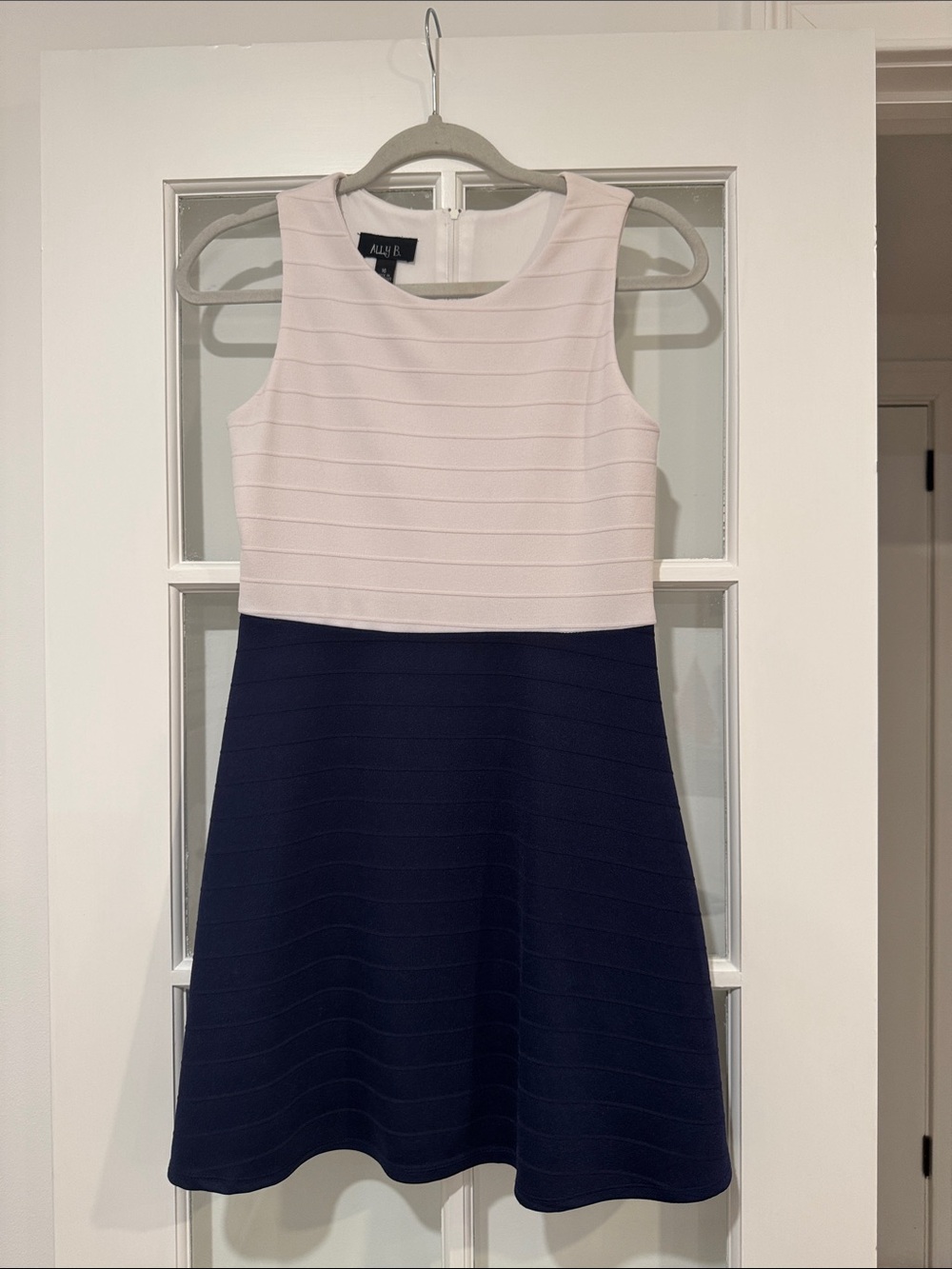 Ally B Two-Tone Sleeveless Fit & Flare Dress in White and Navy